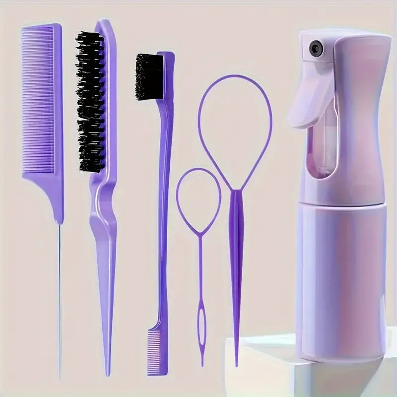 6-Piece Professional Hair Brush Set – Comb, Spray Bottle & Edge Control Tools