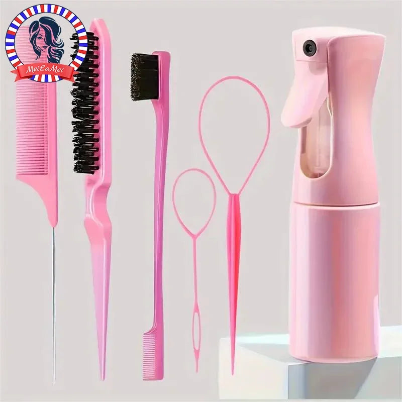 6-Piece Professional Hair Brush Set – Comb, Spray Bottle & Edge Control Tools