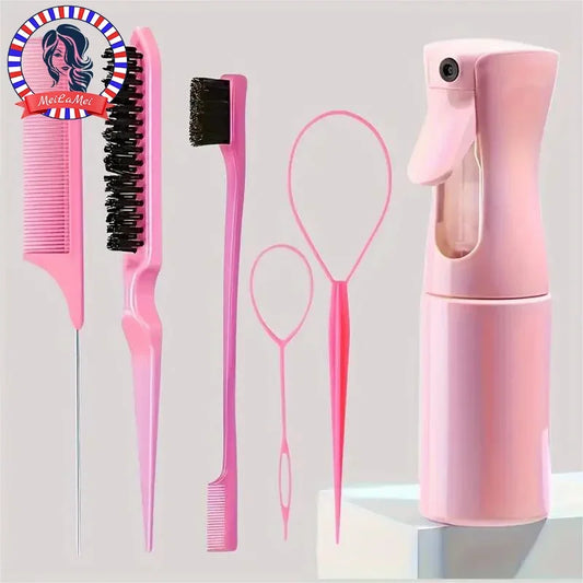 6-Piece Professional Hair Brush Set – Comb, Spray Bottle & Edge Control Tools
