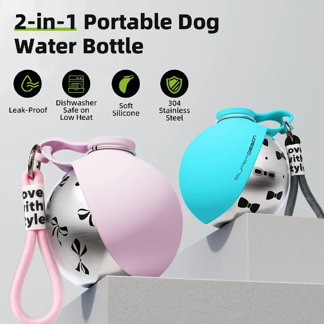2-in-1 Portable Dog Water Bottle – Leak-Proof, Stainless Steel Travel Bottle with Silicone Bowl