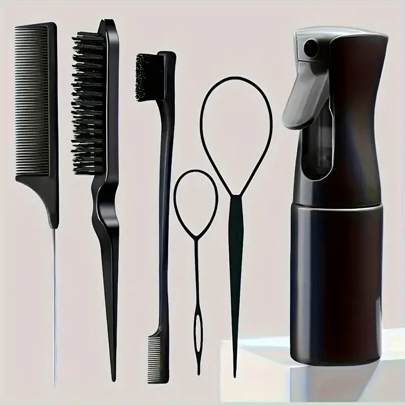 6-Piece Professional Hair Brush Set – Comb, Spray Bottle & Edge Control Tools