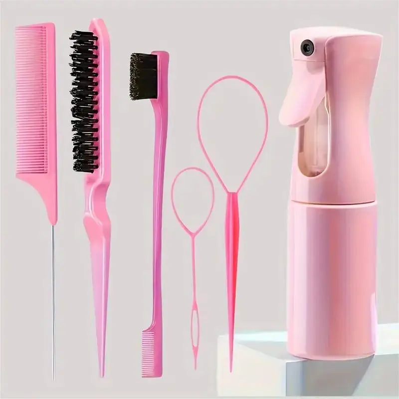 6-Piece Professional Hair Brush Set – Comb, Spray Bottle & Edge Control Tools
